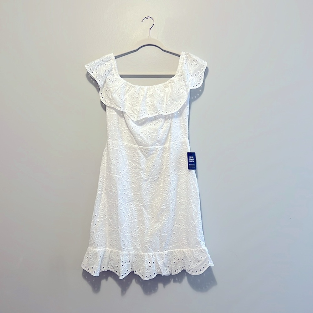 White ruffled floral eyelet off shoulder dress